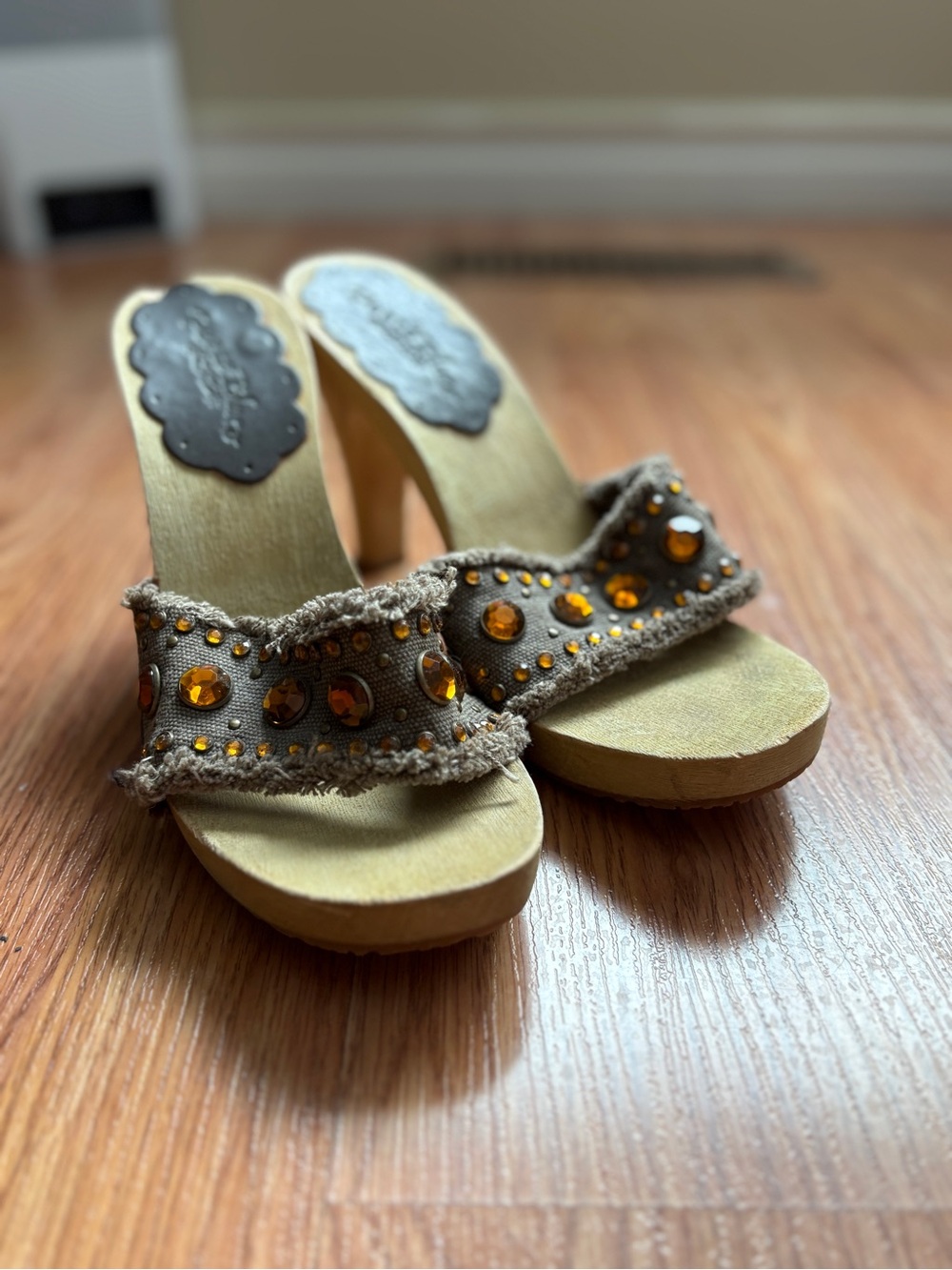 Paris Blues wooden mules with rhinestones